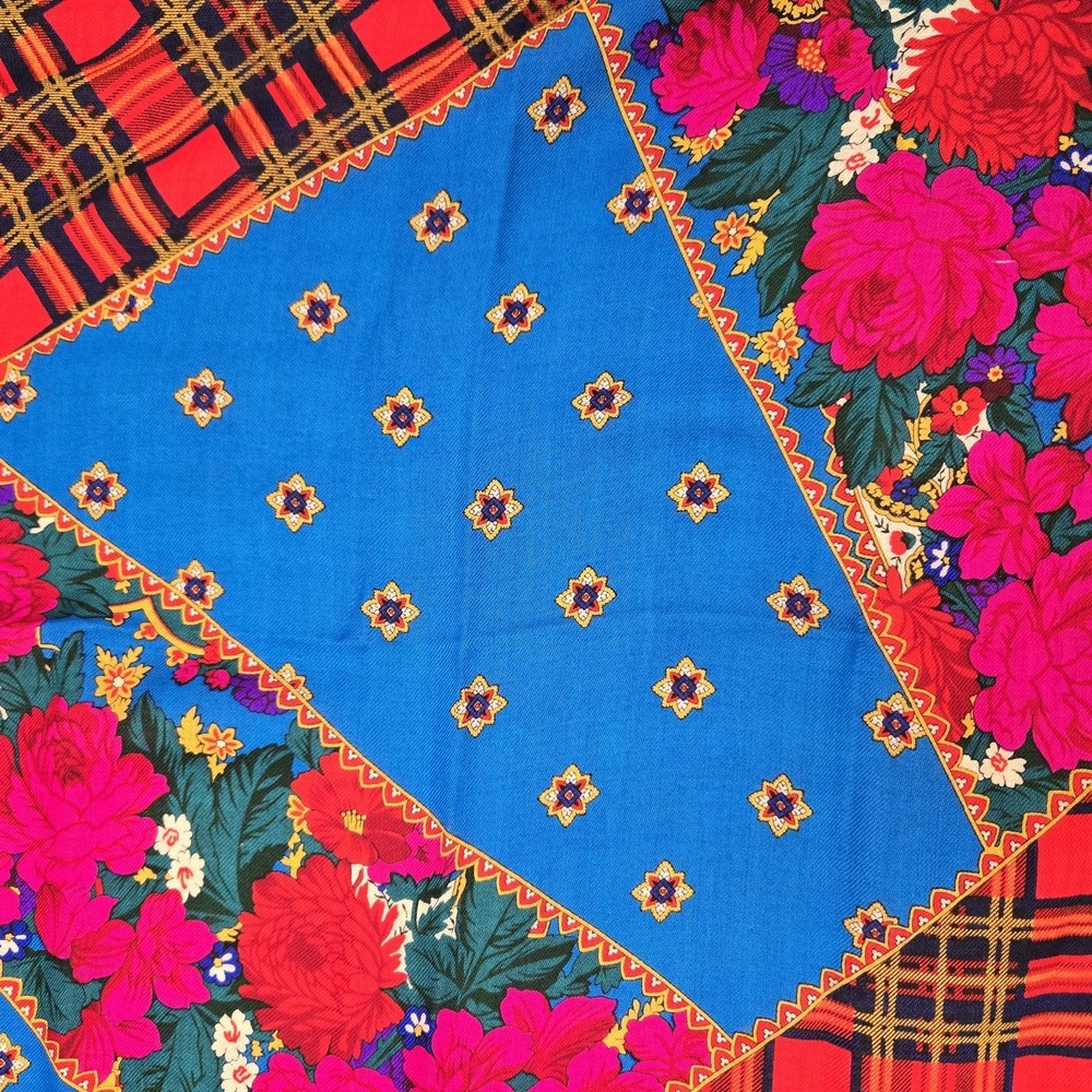 Echo 100% Wool Scarf 34" Square Floral Paisley Plaid Challis Blue Multicolor NWT - Picture 10 of 12